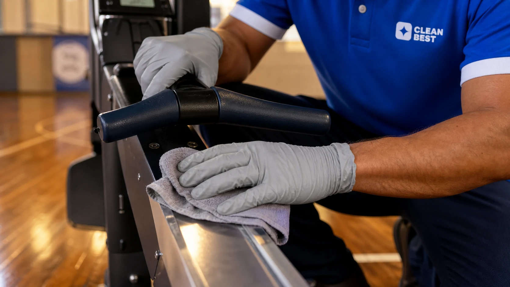 Clean Best cleaner wiping gym equipment before opening in Eastern Creek NSW