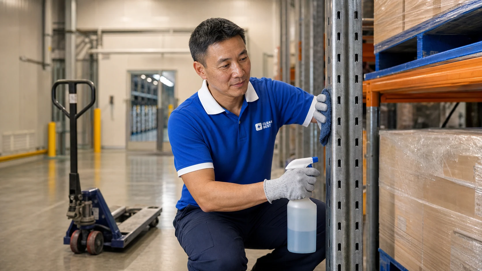 Clean Best operator machine-scrubbing the floor of a distribution warehouse in Eastern Creek NSW